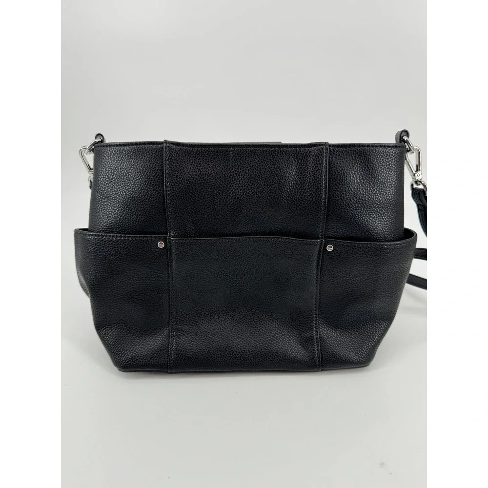 Dana Buchman Handbag Women Medium Black Pebbled Crossbody Tote Silver Chain